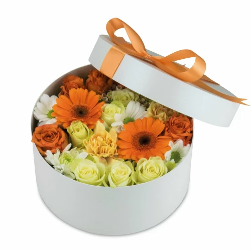Box of orange flowers closed